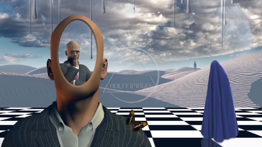 Faceless businessman with another thinking businessman behind him stands on chessboard